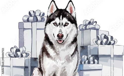 husky (sled dog) with giftbox watercolor vector illustration