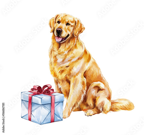 golden retriever with giftbox watercolor vector illustration