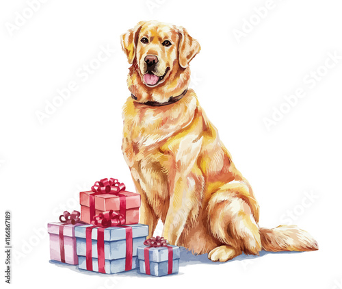 golden retriever with giftbox watercolor vector illustration