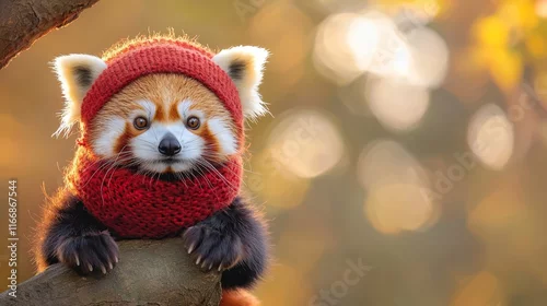 Fototapeta A red panda wearing a red hat and scarf sitting on a tree branch