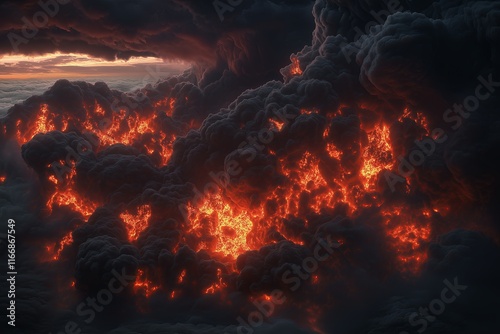 A glowing volcanic eruption with distorted flames and ash swirling into the sky like wild brushstrokes