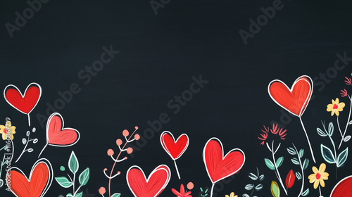 Playful doodle of hearts and flowers on chalkboard for Valentine Day photo