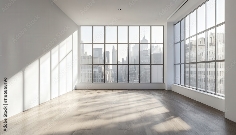 Fototapeta premium Sunlit Empty Room with Hardwood Floor and City View from Large Windows