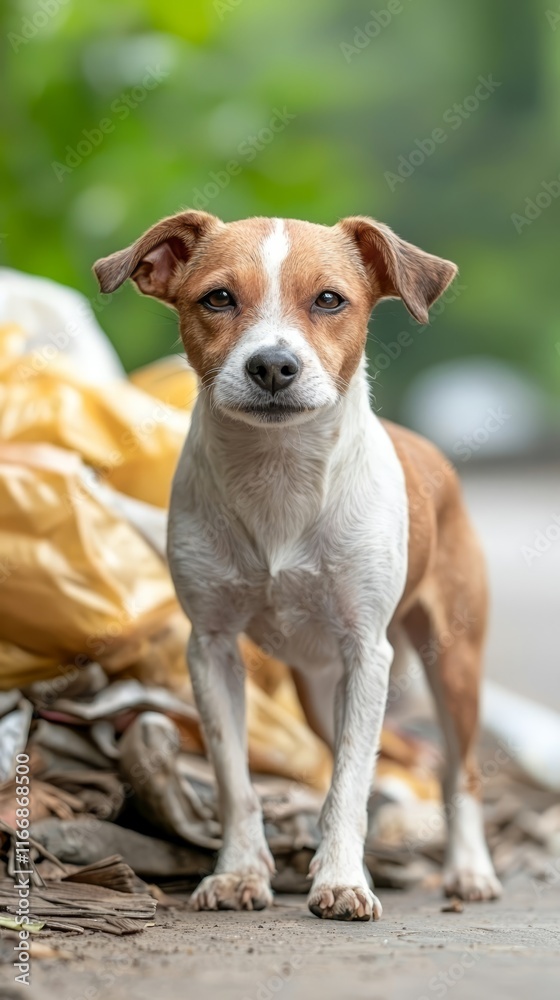 A small brown and white dog standing next to a pile of trash A small brown and white dog standing next to a pile of trash
