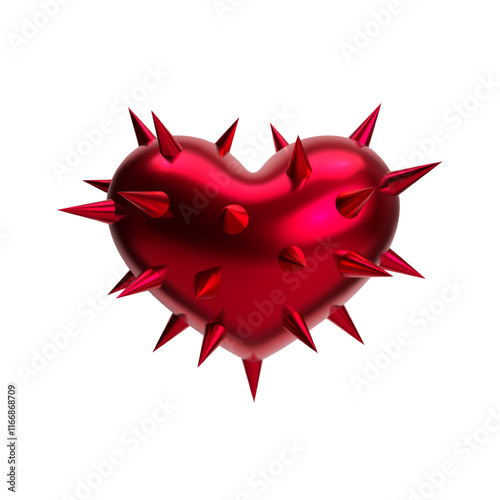 3D red metallic heart with sharp spikes and thorns, glossy chrome surface, isolated vector. Futuristic love symbol for Valentine’s Day, romance, fashion, punk, gothic, and Y2K aesthetics