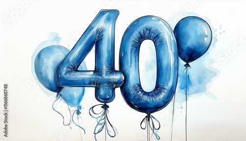 Blue birthday / anniversary balloon, number 40, watercolor painting with white background