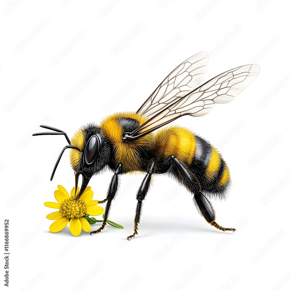 A detailed, high-quality illustration of a bumblebee positioned close to a small yellow flower, perfect for educational, nature, or product photography needs. A detailed, high-quality illustration of a bumblebee positioned close to a small yellow flower, perfect for educational, nature, or product photography needs.
