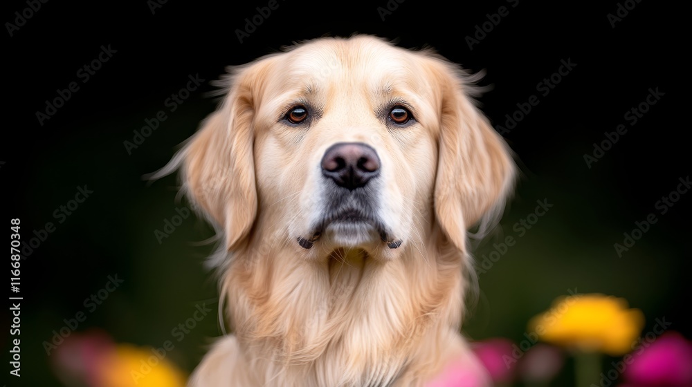 A golden retriever dog sitting in a field of flowers A golden retriever dog sitting in a field of flowers