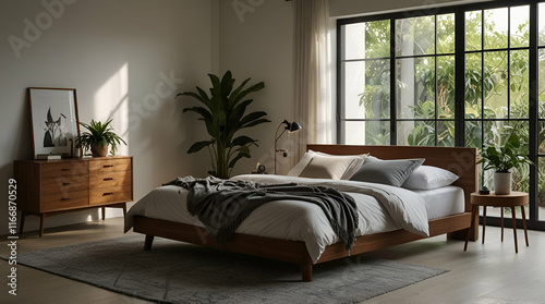 An airy daylit room showcasing a stylish double bed with modern air conditioning, accented with greenery from houseplants,generative.ai

