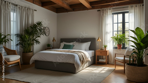 An airy daylit room showcasing a stylish double bed with modern air conditioning, accented with greenery from houseplants,generative.ai

