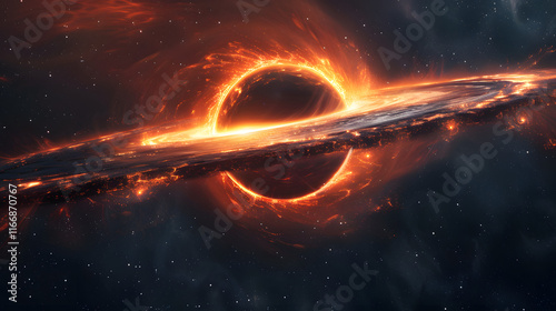 Black hole with disc of plasma and ray burst. Supermassive singularity in core off a galaxy, with noise texture . Event horizon .Vector illustration
