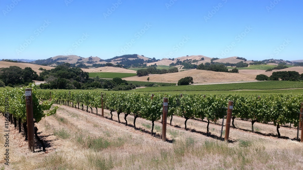 Fototapeta premium Vineyard Rows Rolling Hills Sunny Day Landscape