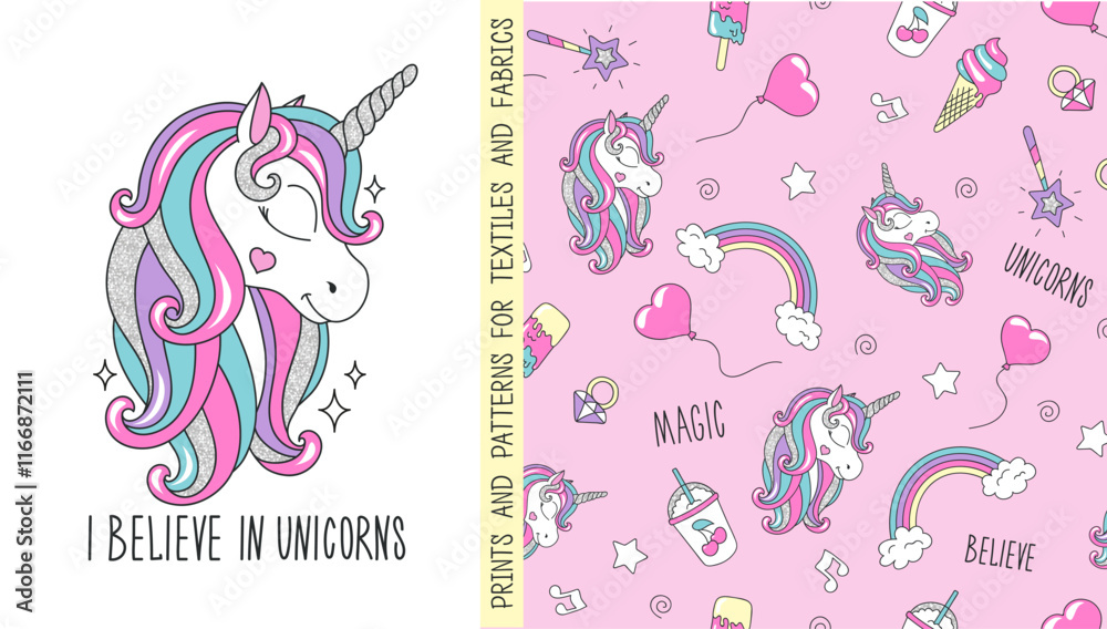 Fototapeta premium Fashionable seamless glitter unicorn pattern for t-shirts and fabric. Cartoon vector.