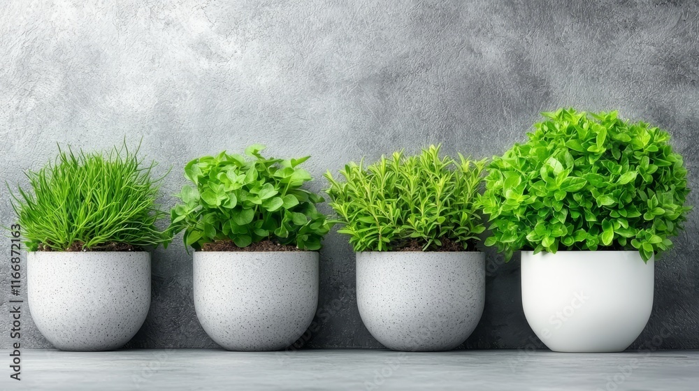 Fototapeta premium A row of three white pots with green plants in them