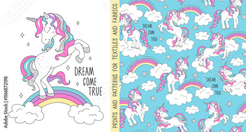 Cartoon vector. Seamless glitter unicorn pattern for t-shirts and fabric. Fashionable pattern.