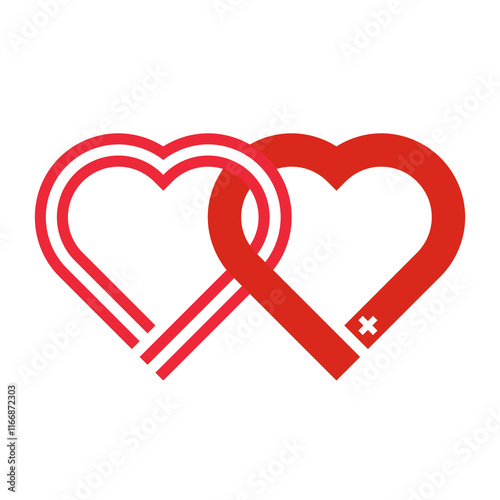 heart shaped ribbon of austria and switzerland flags intertwined. vector illustration isolated on white background