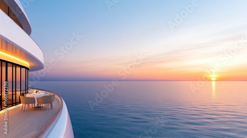 Serene ocean view from a modern balcony at sunset.