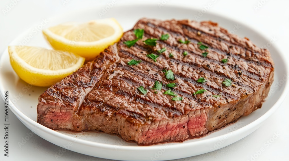 A steak on a plate with lemon wedges on the side A steak on a plate with lemon wedges on the side