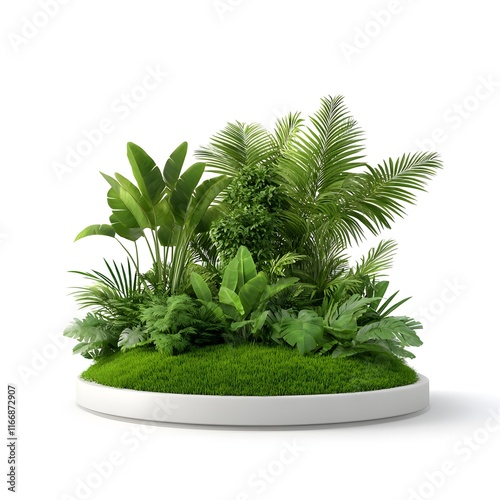 This digitally created image showcases a serene tropical island, complete with lush vegetation including palm trees and various tropical plants.