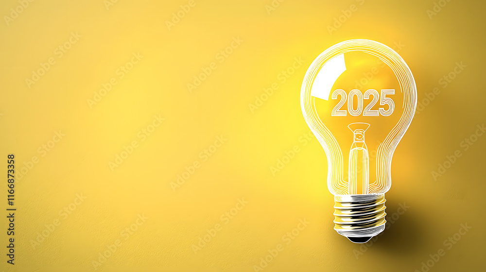 Light bulb with 2025 design on yellow background Light bulb with 2025 design on yellow background