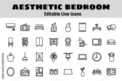 Aesthetic bedroom outline icon set