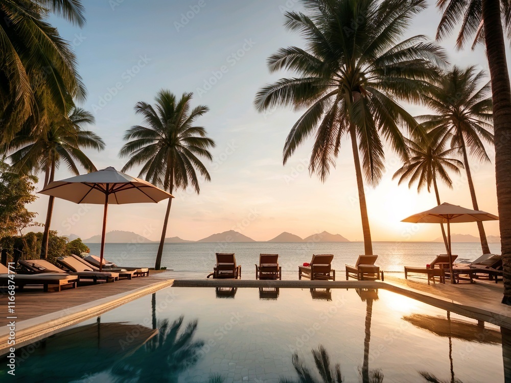 Fototapeta premium Tropical Poolside with Palm Trees at Sunset