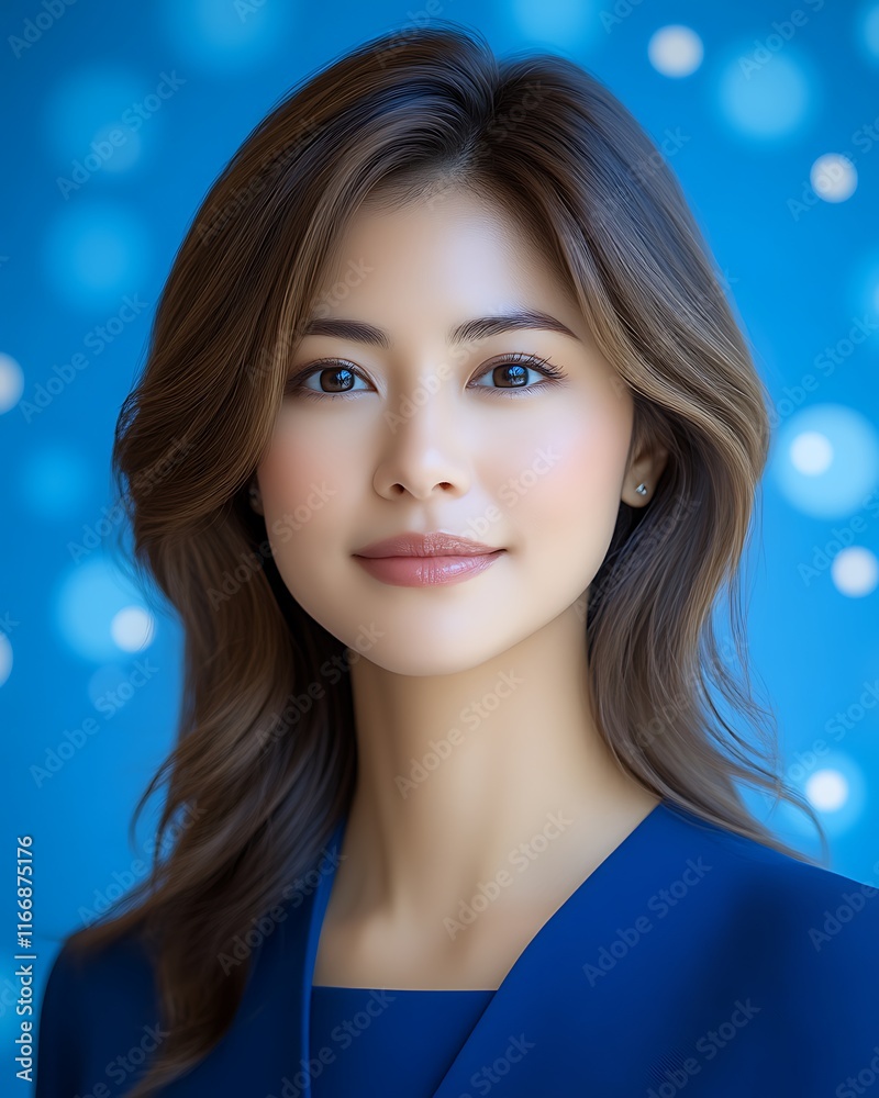 Young Woman with Brown Hair Wearing a Blue Dress