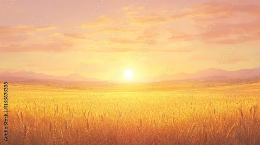 Obraz premium Golden Wheat Field Sunset Landscape Scenic View