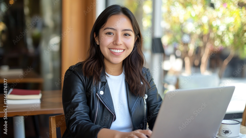 Hispanic woman in black leather jacket working with a laptop at library cafe Hispanic woman in black leather jacket working with a laptop at library cafe