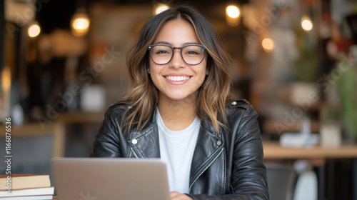 Hispanic woman in black leather jacket working with a laptop at library cafe