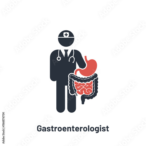 Vector icon of a gastroenterologist with stomach and large intestine on a white background.