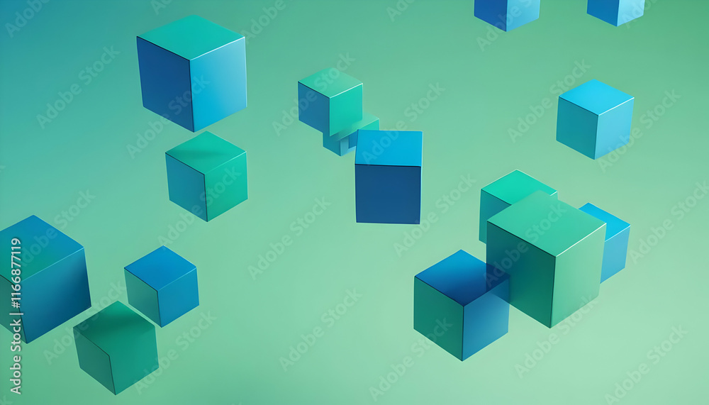 Abstract 3D cubes floating in a soft gradient background between green and blue
Abstract 3D cubes floating in a soft gradient background between green and blue