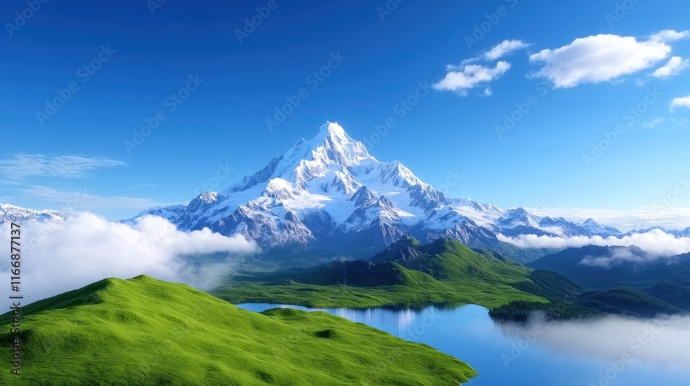 Fototapeta premium Majestic mountain landscape with lush greenery and serene water.