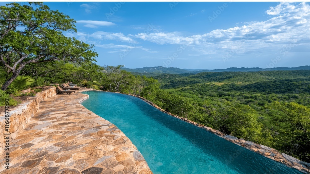 Fototapeta premium A large swimming pool surrounded by trees and mountains