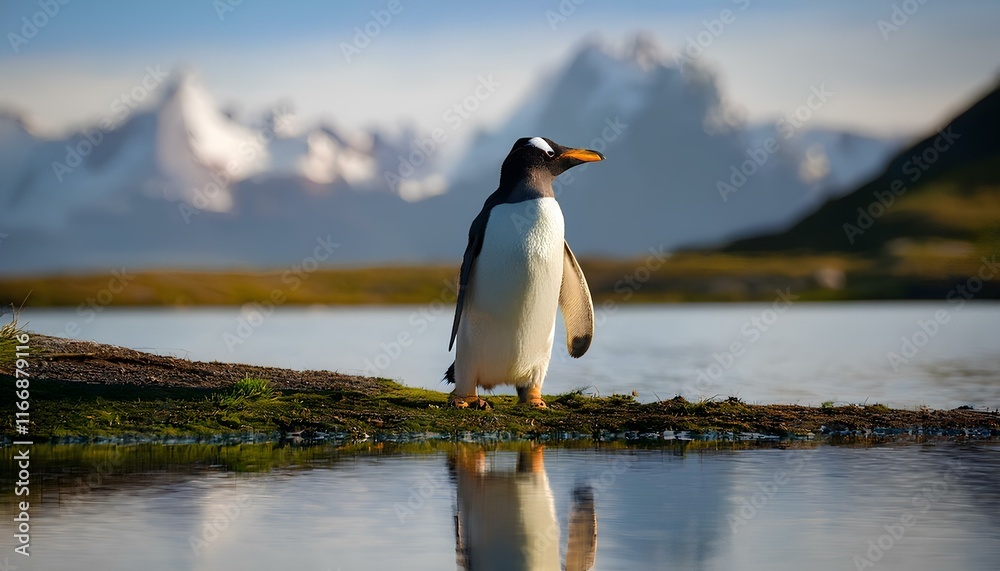 Fototapeta premium penguin standing on the edge of a body of water with mountains in background, portrait full length side profile view