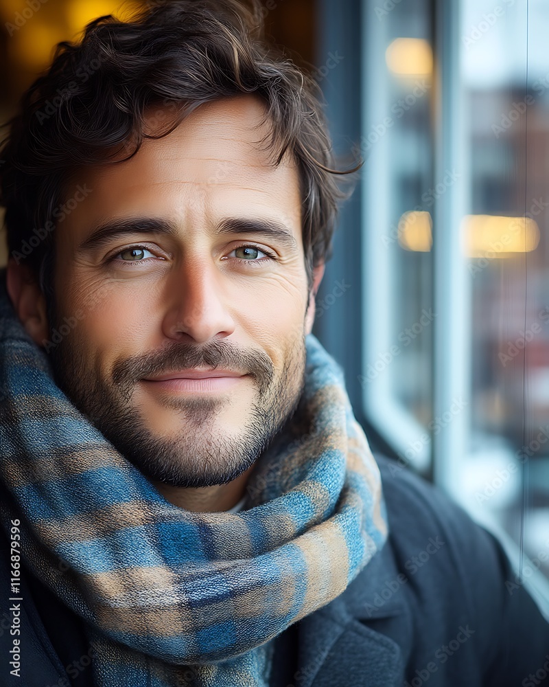 Handsome Man Smiling Near Window Wearing Scarf