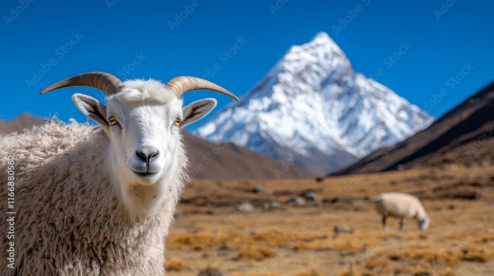 Fototapeta premium A sheep standing in a field with a mountain in the background