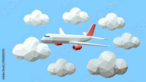 Stylized airplane flying through fluffy clouds