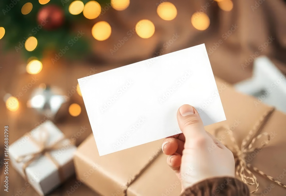 Obraz premium A blank white card held by a hand, paired with a craft paper envelope, surrounded by soft bokeh lights and gift wrapping elements