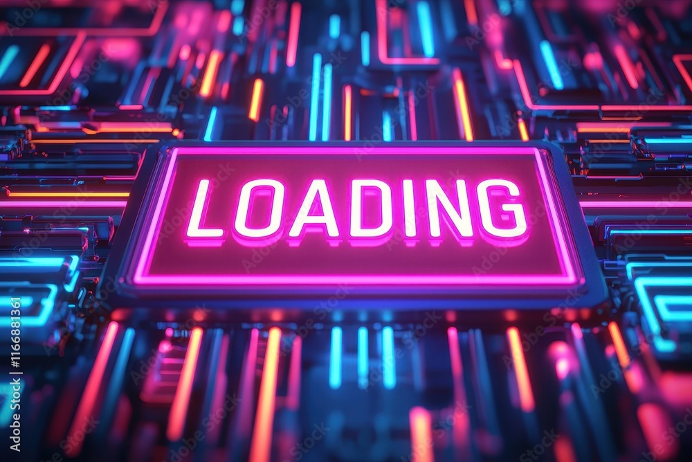 Futuristic Neon Loading Sign on Abstract Digital Circuit Board Background Futuristic Neon Loading Sign on Abstract Digital Circuit Board Background