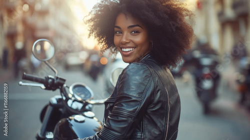 Afro woman in black leather jacket sitting on a motorbike at city street