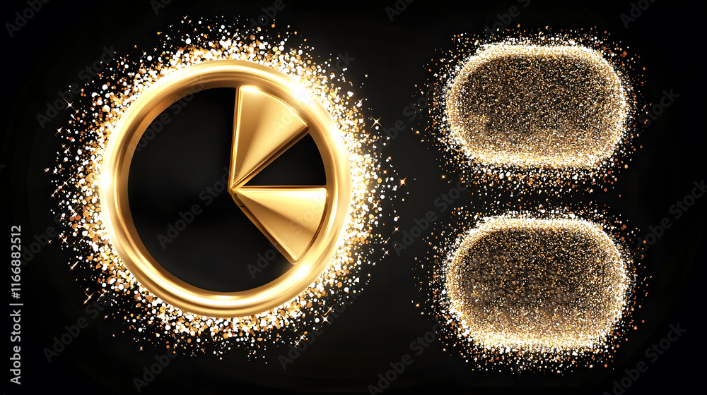 Naklejka premium Golden pie chart with sparkling background
