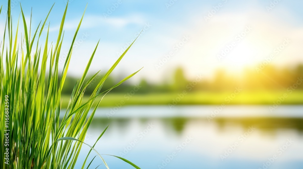 Fototapeta premium A grassy field next to a body of water with a lake in the background