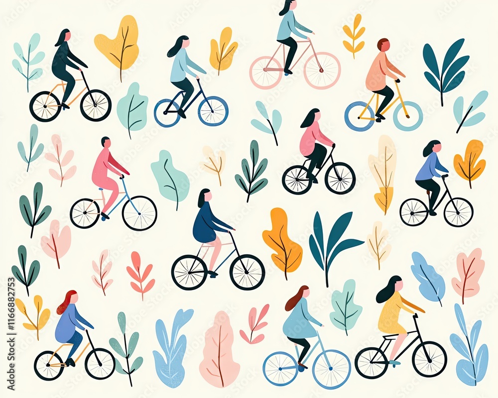 Colorful illustration of women riding bicycles. Colorful illustration of women riding bicycles.