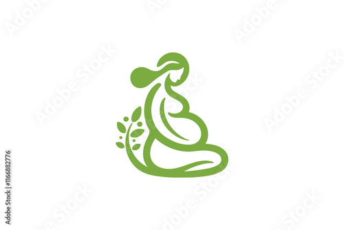 Minimalist green line art logo of a pregnant woman with a growing tree