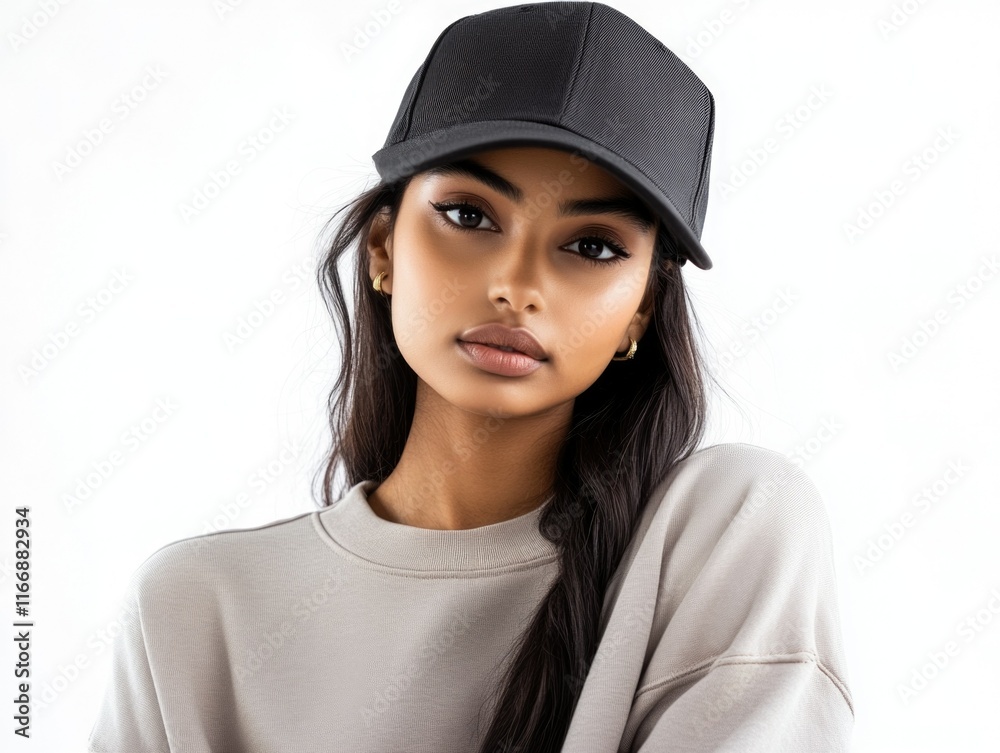 Stylish Female Athleisure Model in Fashion Cap and Casual Sweatshirt Stylish Female Athleisure Model in Fashion Cap and Casual Sweatshirt