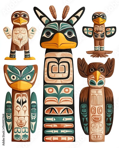 Colorful totem poles representing heritage.