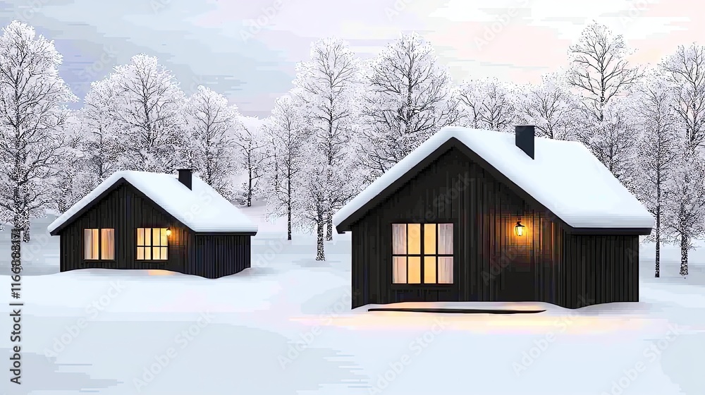 Cozy cabins in a snowy winter landscape. Cozy cabins in a snowy winter landscape.