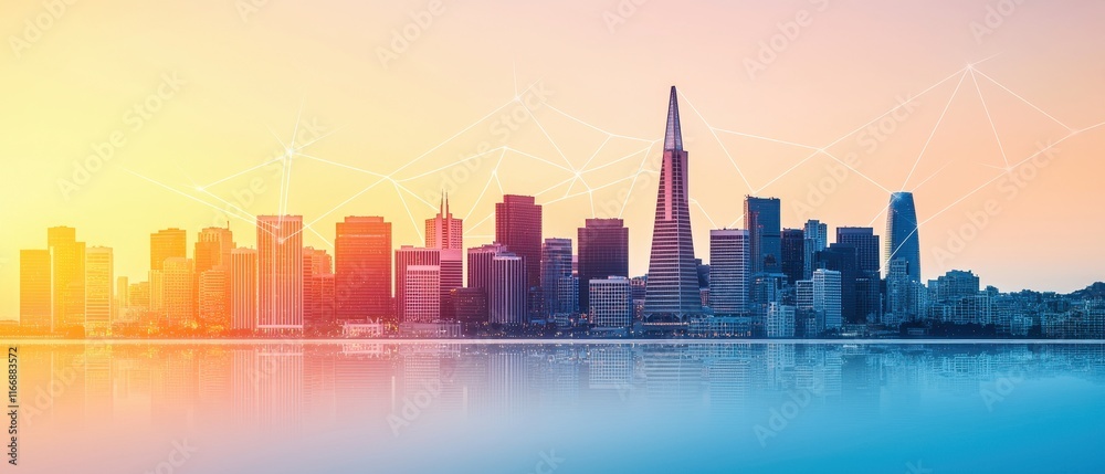 Vibrant Cityscape at Sunset with Connected Network Urban Skyline Modern Architecture Vibrant Cityscape at Sunset with Connected Network Urban Skyline Modern Architecture