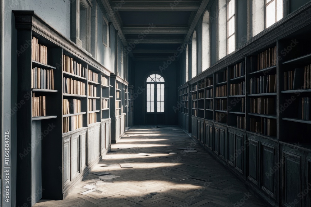 Grand Abandoned Library Hallway Dusty Bookshelves Old Books Sunlight Streaming Through Window Grand Abandoned Library Hallway Dusty Bookshelves Old Books Sunlight Streaming Through Window
